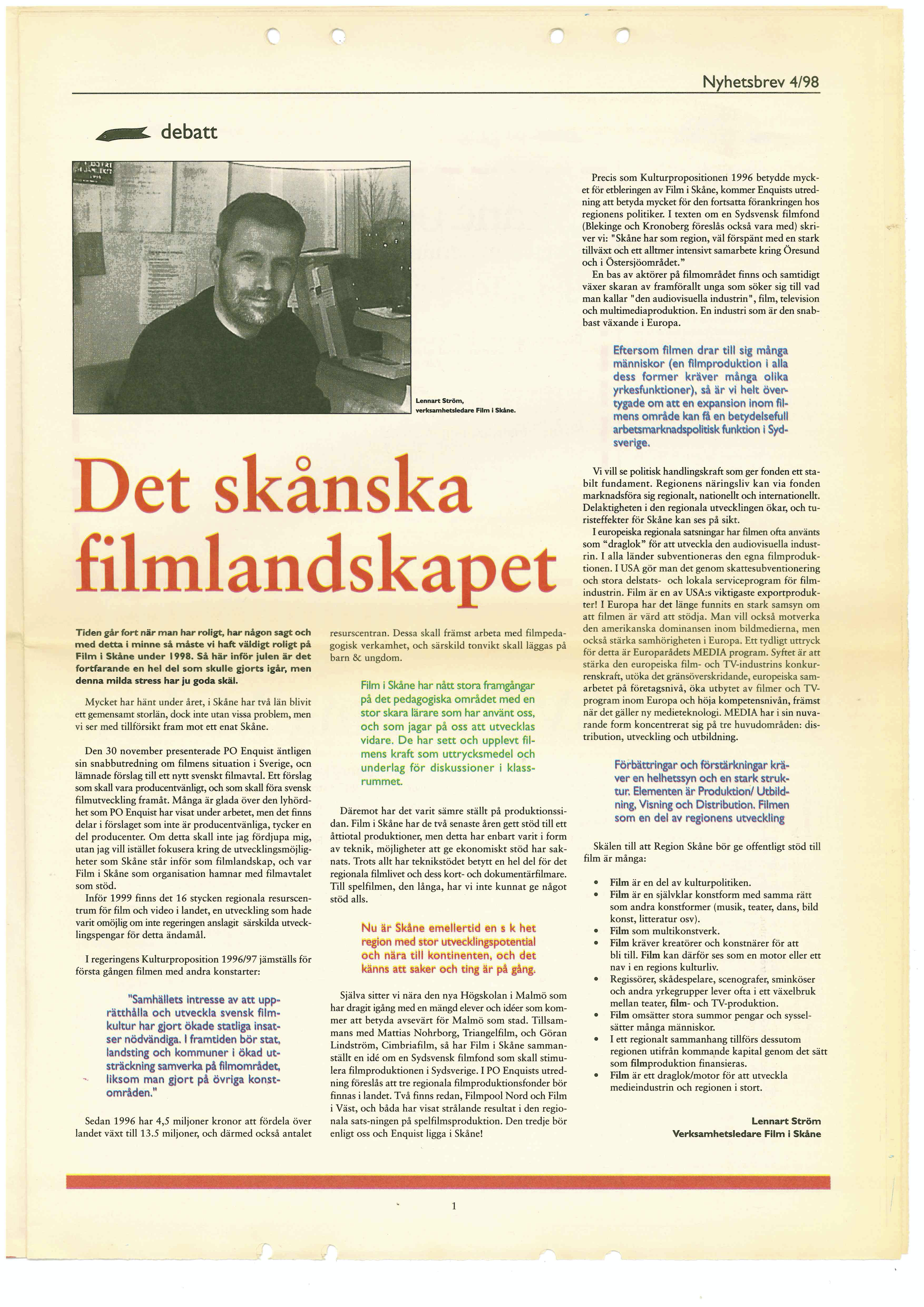 Lennart Ströms artikel i Film i Skånes Nyhetsbrev nr 4 1998