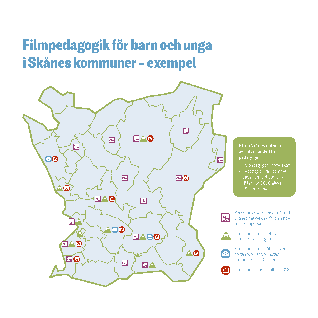 Karta över exempel filmpedagogik i skånska kommuner 2019