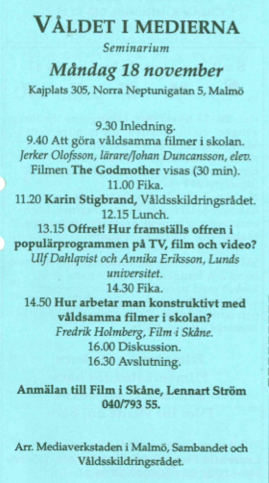 Urklipp ur Film i Skånes Nyhetsbrev nr 3, 1996. "Våldet i medierna.