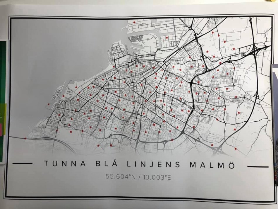 Karta över "Tunna blå linjens" inspelningsplatser i Malmö.