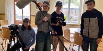 Anna Suslova, Varvara Yakushevska, Dennis Skov och Harald Moberg under inspelningen av deras kortfilm på andra dagen på Filmkollot.